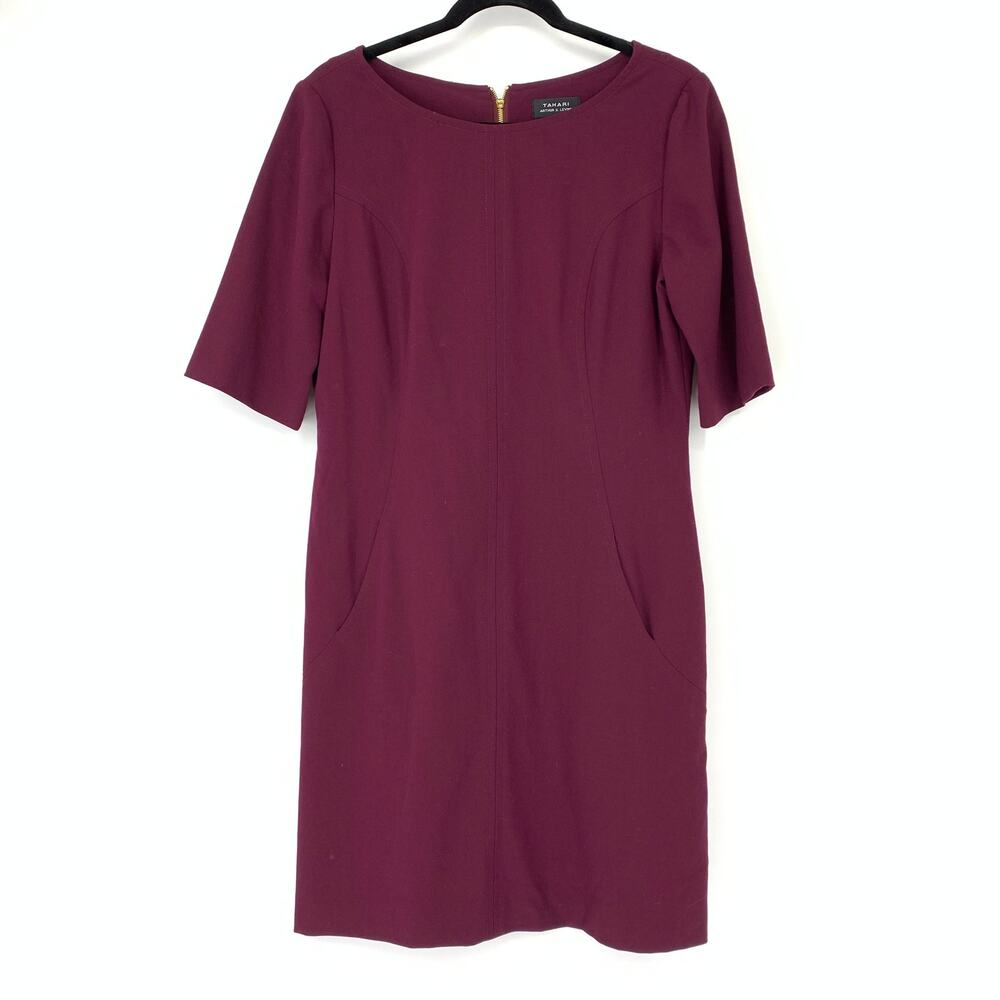 Tahari Women's Size 10 Boat Neck Sheath Career Dress Half Sleeve Maroon
